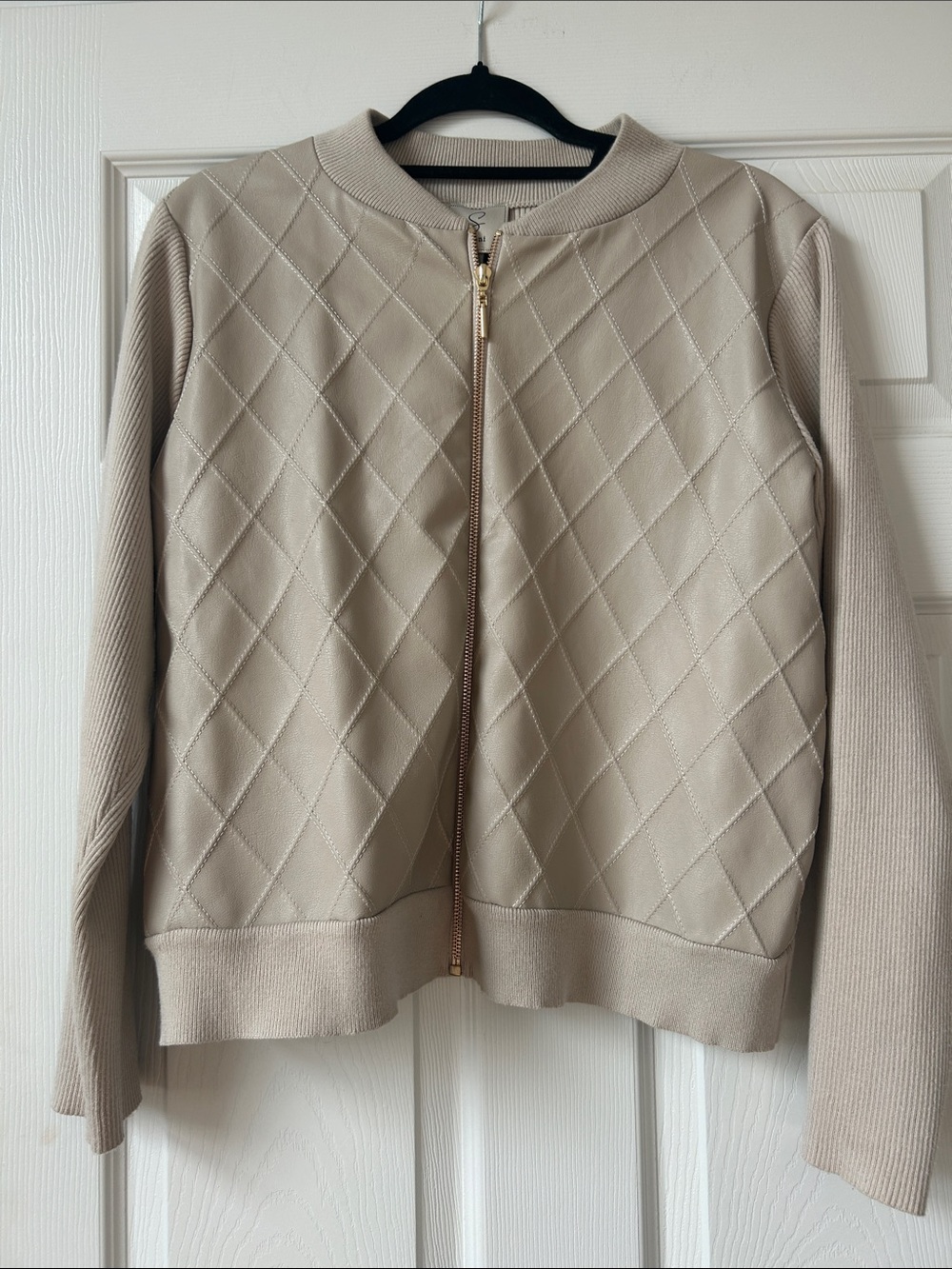 Sioni Neutral Quilted Diamond Zip Bomber Jacket